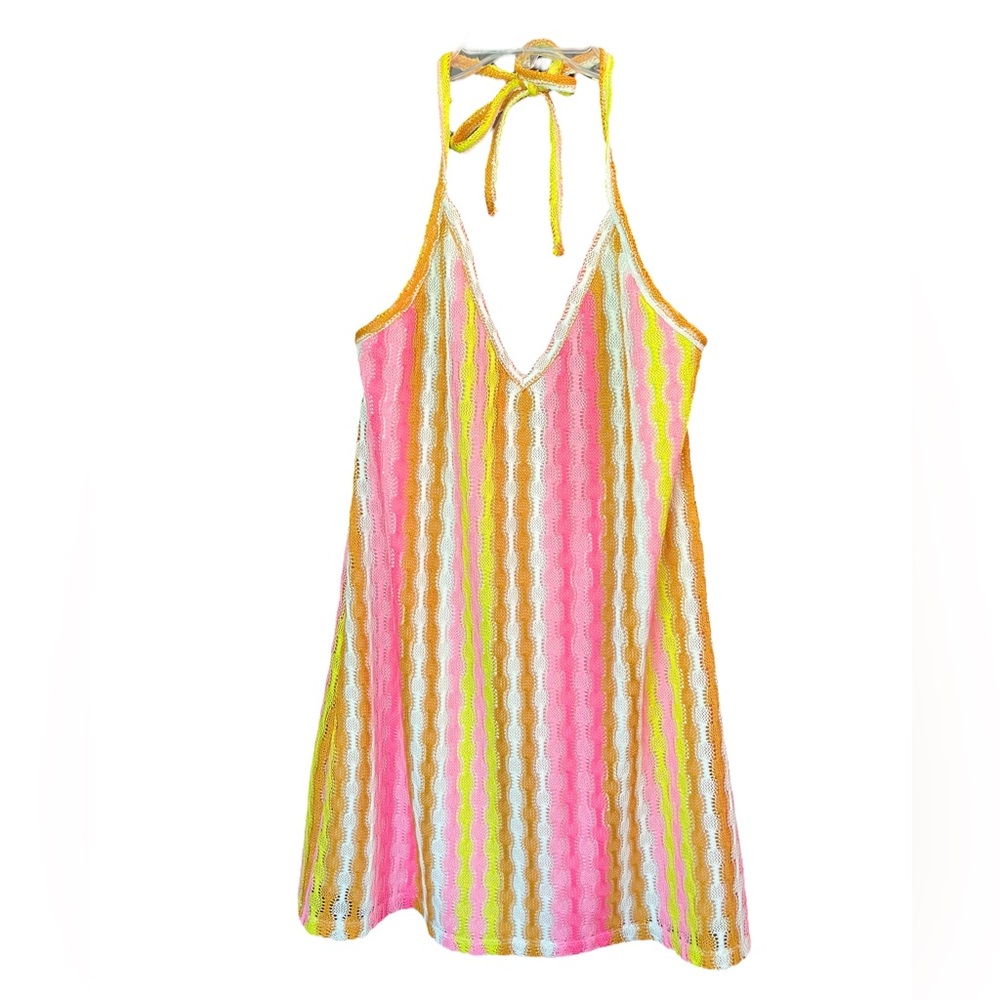 EUC Wild Fable Neon Striped Halter Dress Crochet Size M